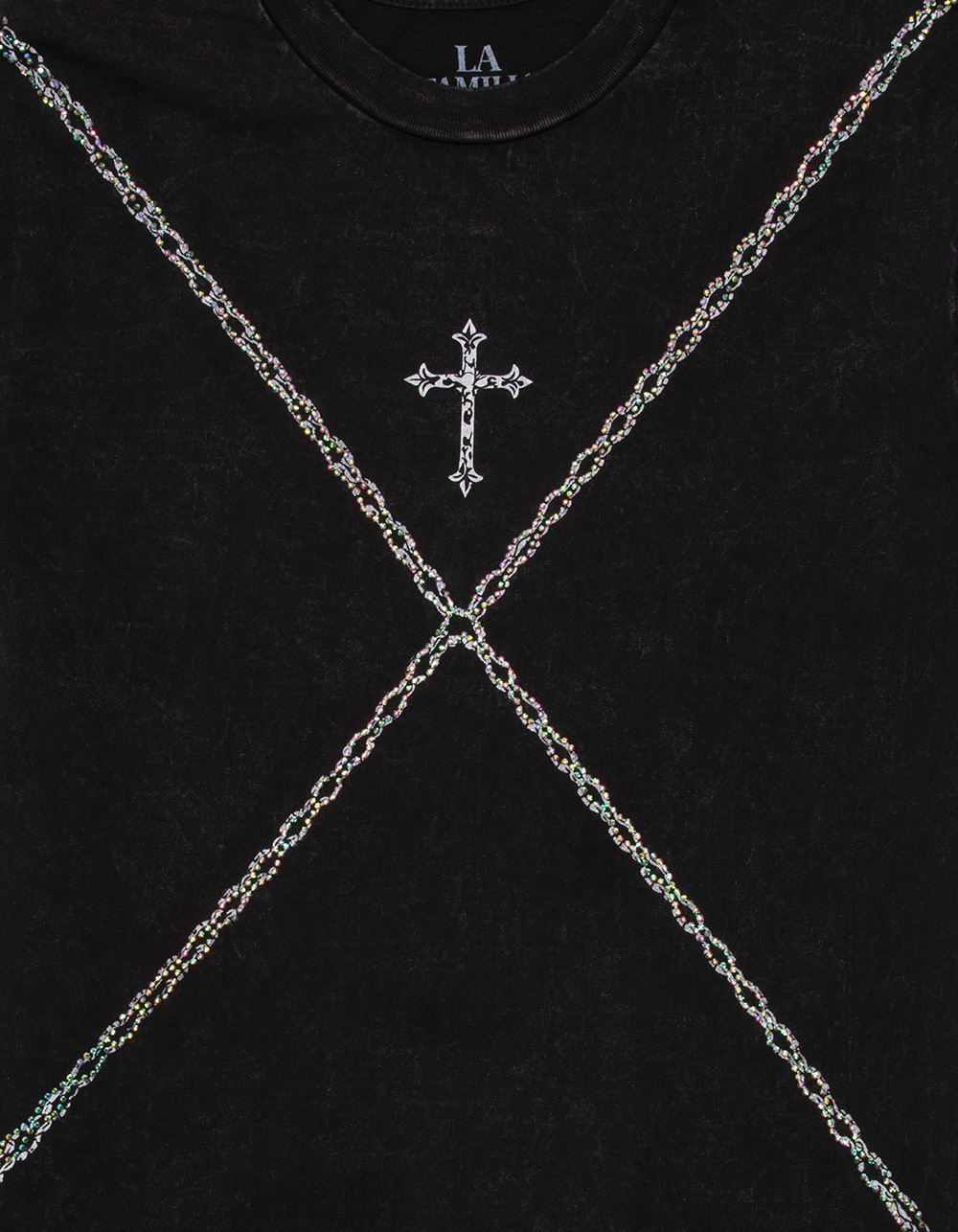 LA FAMILIA Chain Stone Rhinestone Mens Boxy Tee - WASHED BLACK