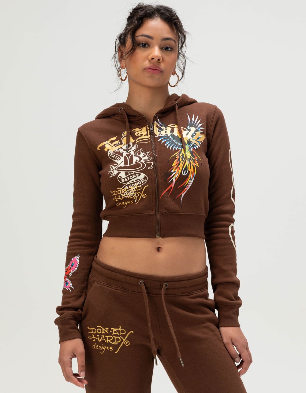 ED HARDY Phoenix Womens Zip-Up Hoodie - BROWN
