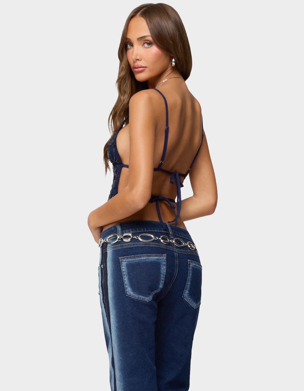 EDIKTED Pia Sequin Floral Backless Top - NAVY