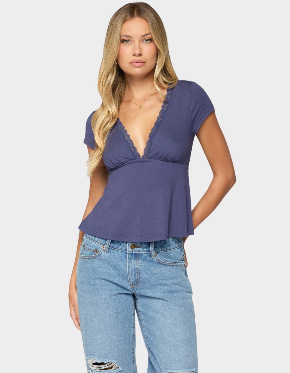 EDIKTED Palermo Lacey Babydoll Top - NAVY