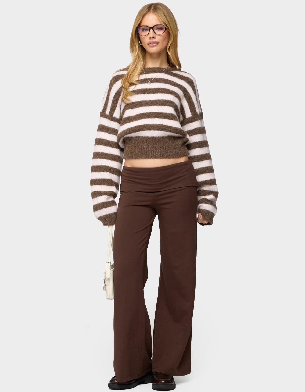 EDIKTED Petite Wide Leg Fold Over Pants - BROWN