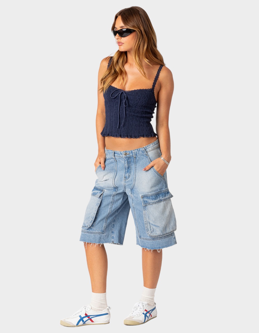 EDIKTED Lacey Knit Tank Top - NAVY
