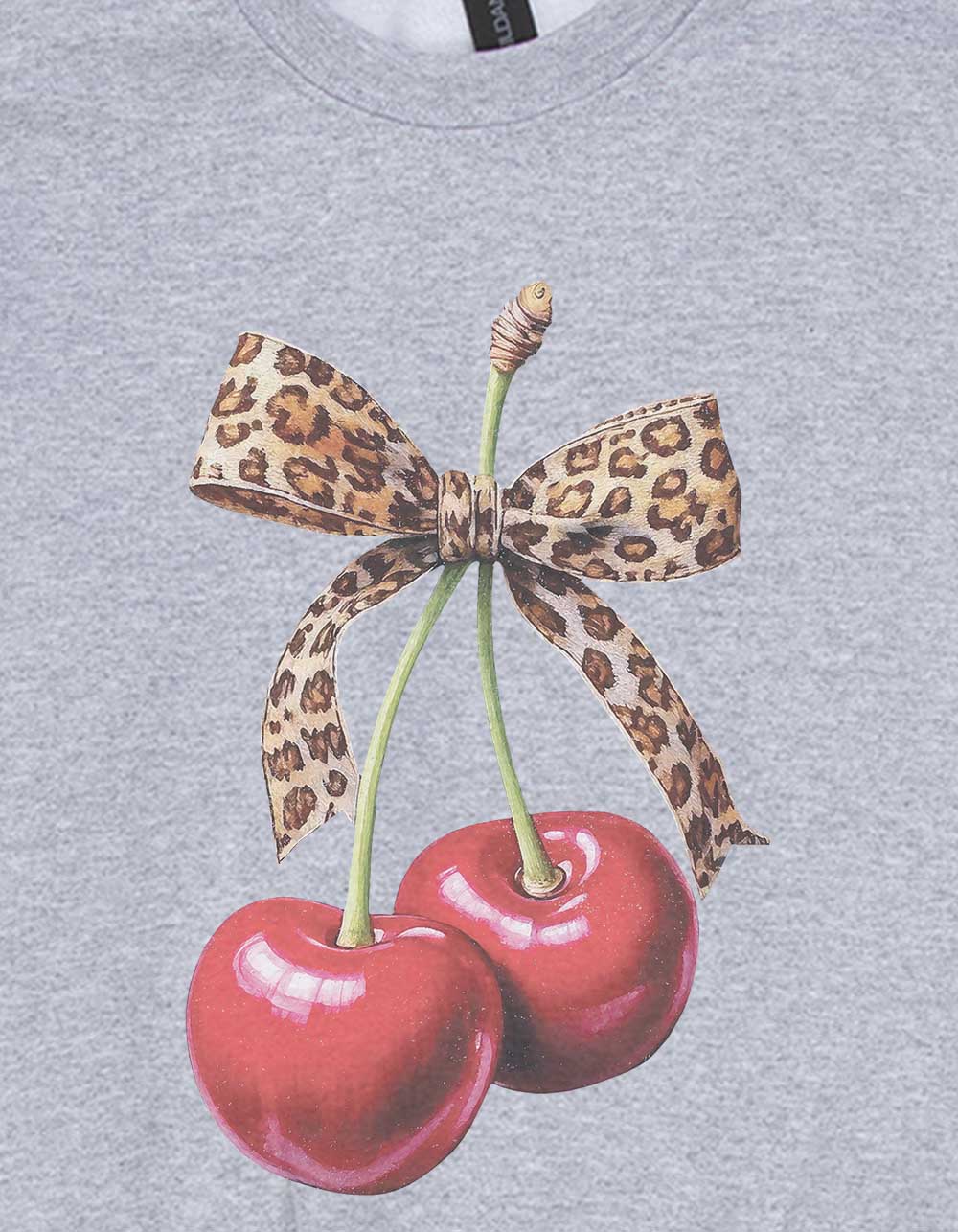 CHERRIES Leopard Bow Unisex Kids Crewneck Sweatshirt - HEATHER GRAY