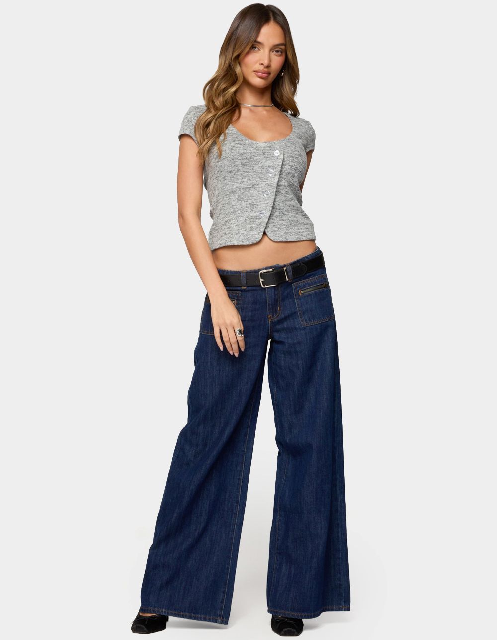 EDIKTED Blaunca Asymmetric Knit Top - GRAY