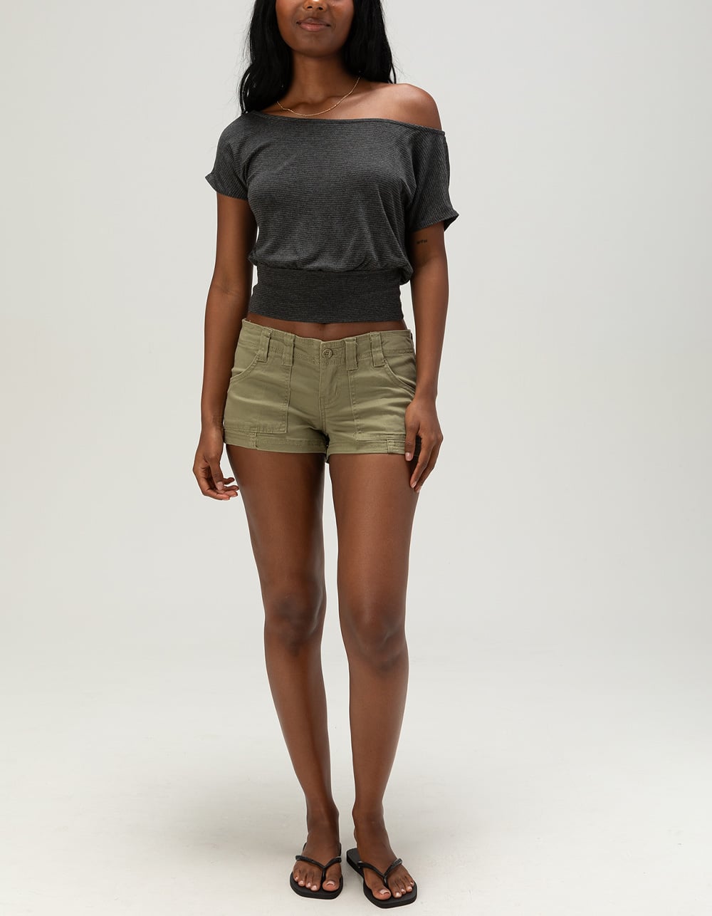 FULL TILT Off The Shoulder Womens Banded Bottom Top - GRAY COMBO