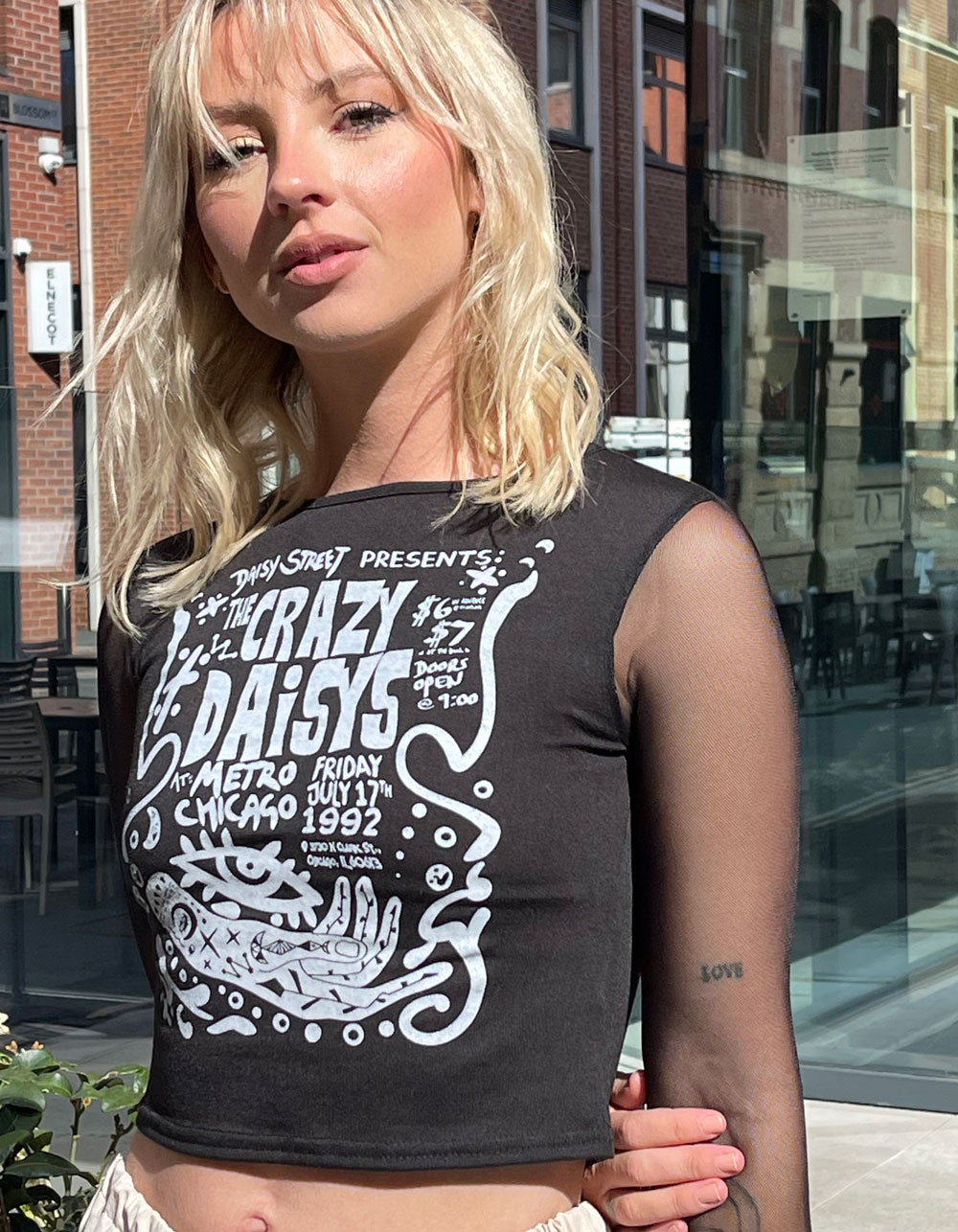 DAISY STREET Mesh Sleeve Printed Womens Top - BLACK