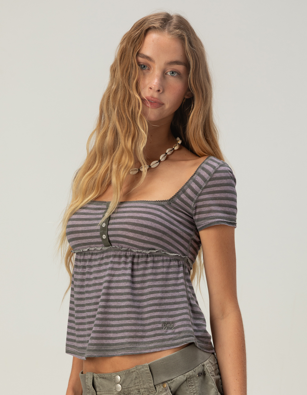BDG Urban Outfitters Brittney Womens Stripe Babydoll Top - PURPLE COMBO