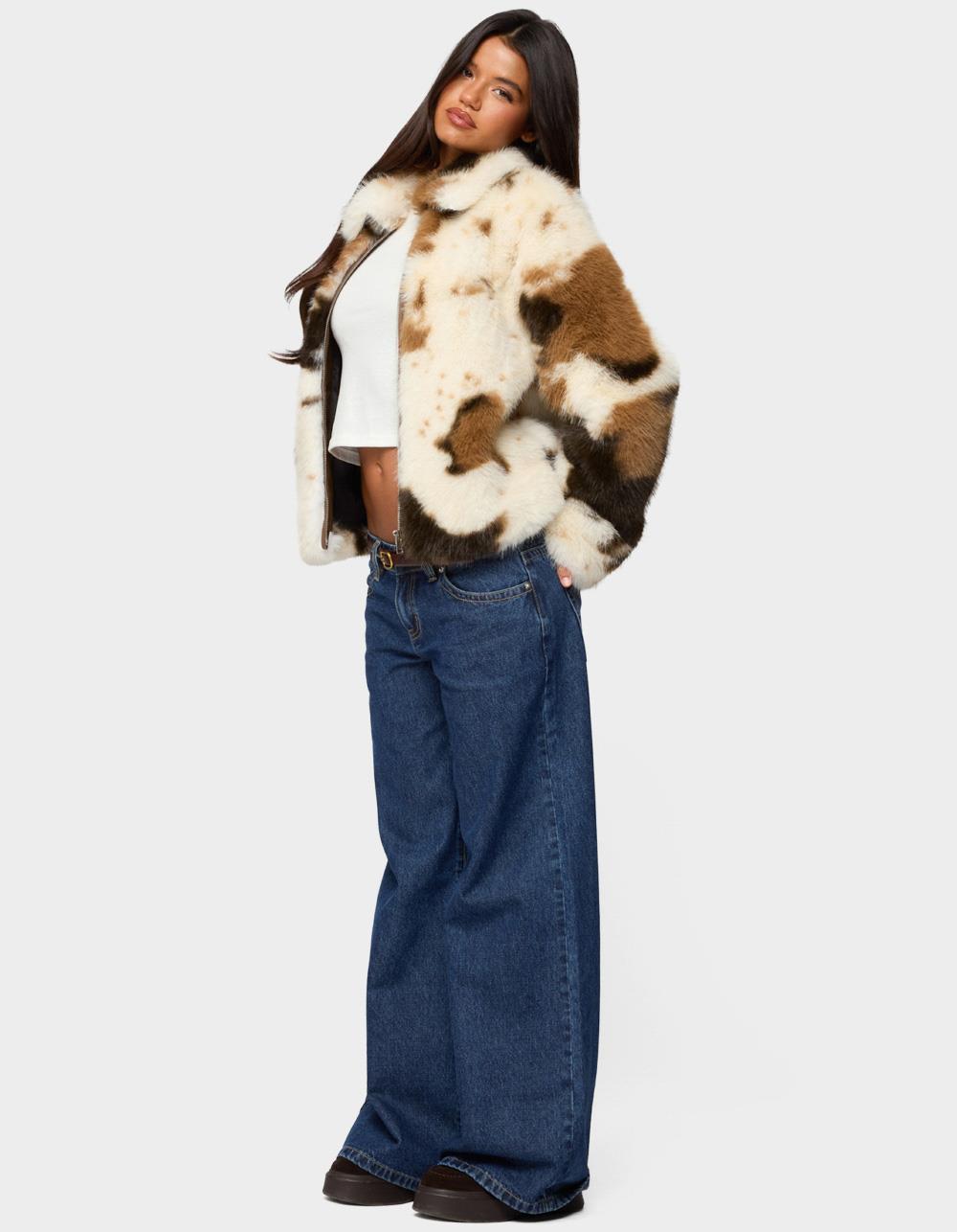 EDIKTED Rayan Cow Print Faux Fur Jacket - BLACK