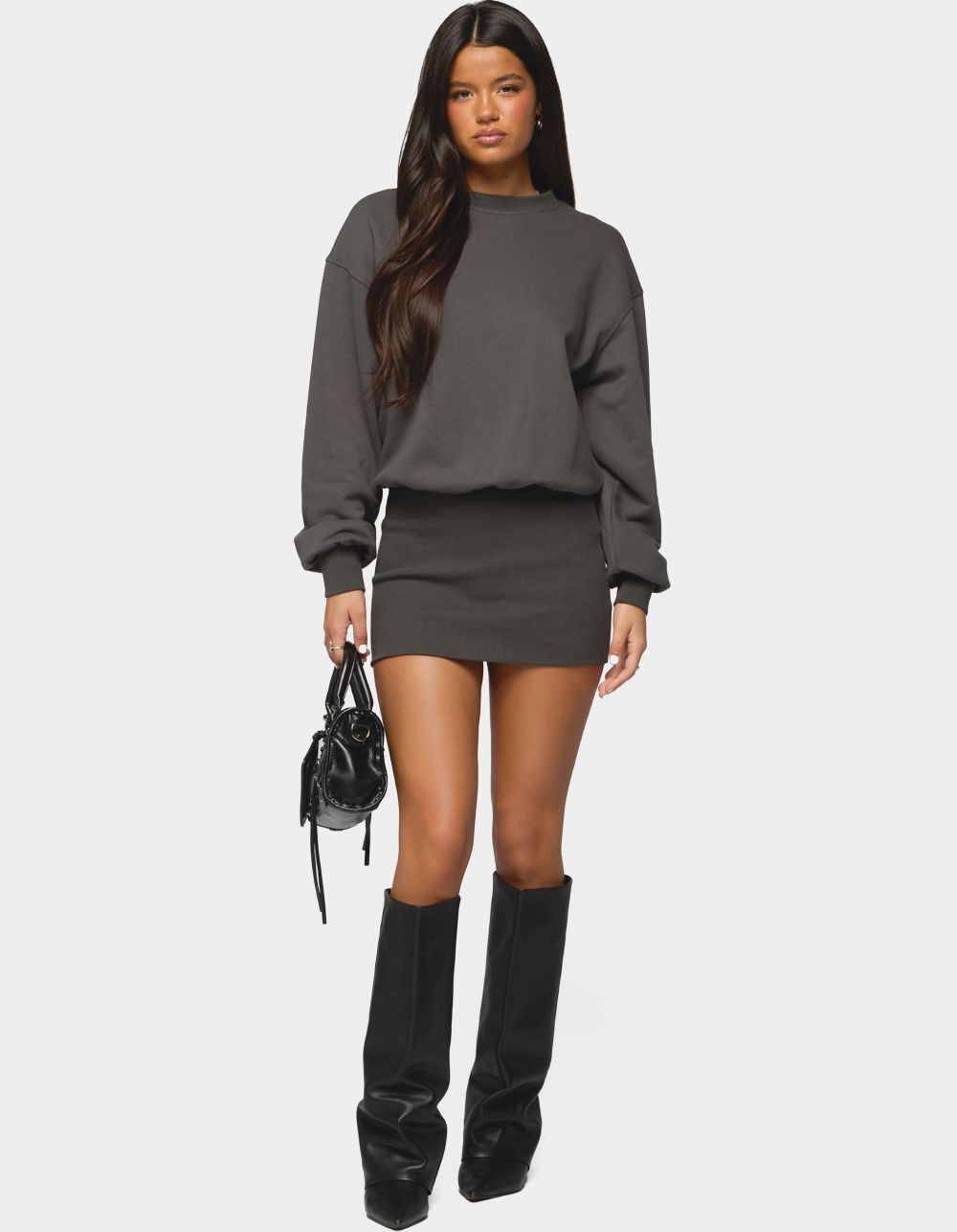 EDIKTED Jannah Sweatshirt Mini Dress - DARK GRAY