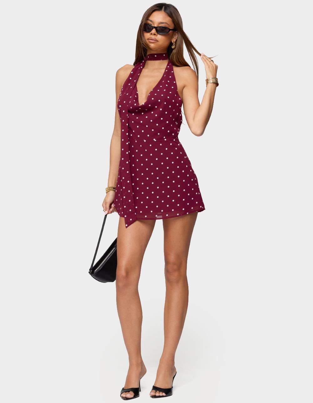 EDIKTED Polka Dot Cowl Neck Mini Dress - DK RED