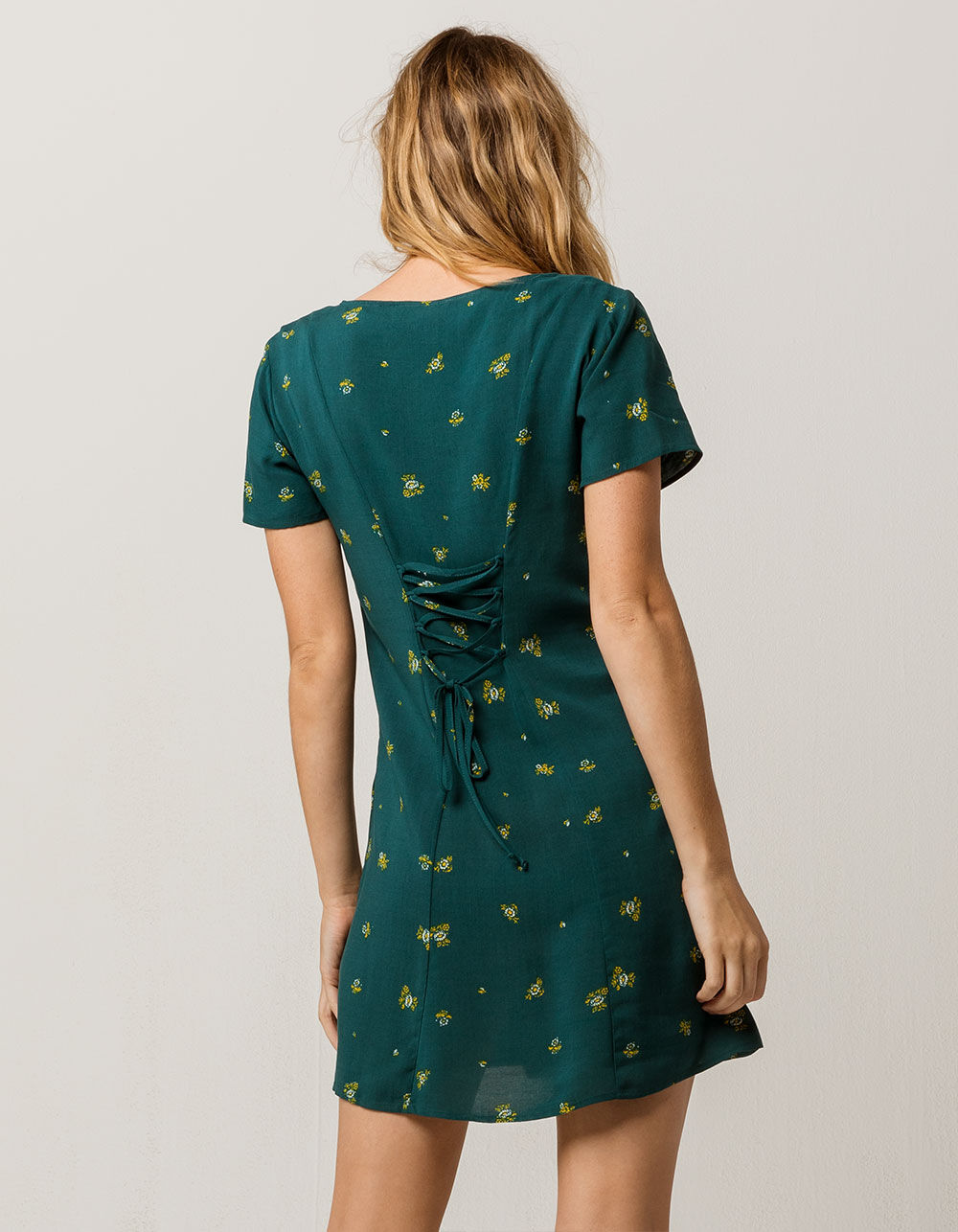 SKY AND SPARROW Floral Button Front Emerald Dress image number 1
