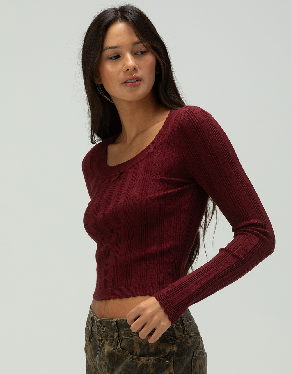 RSQ Womens Pointelle Scallop Pullover Sweater - BURGUNDY
