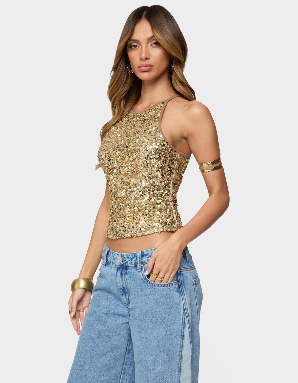 EDIKTED Pasha Sequin Tank Top - GOLD