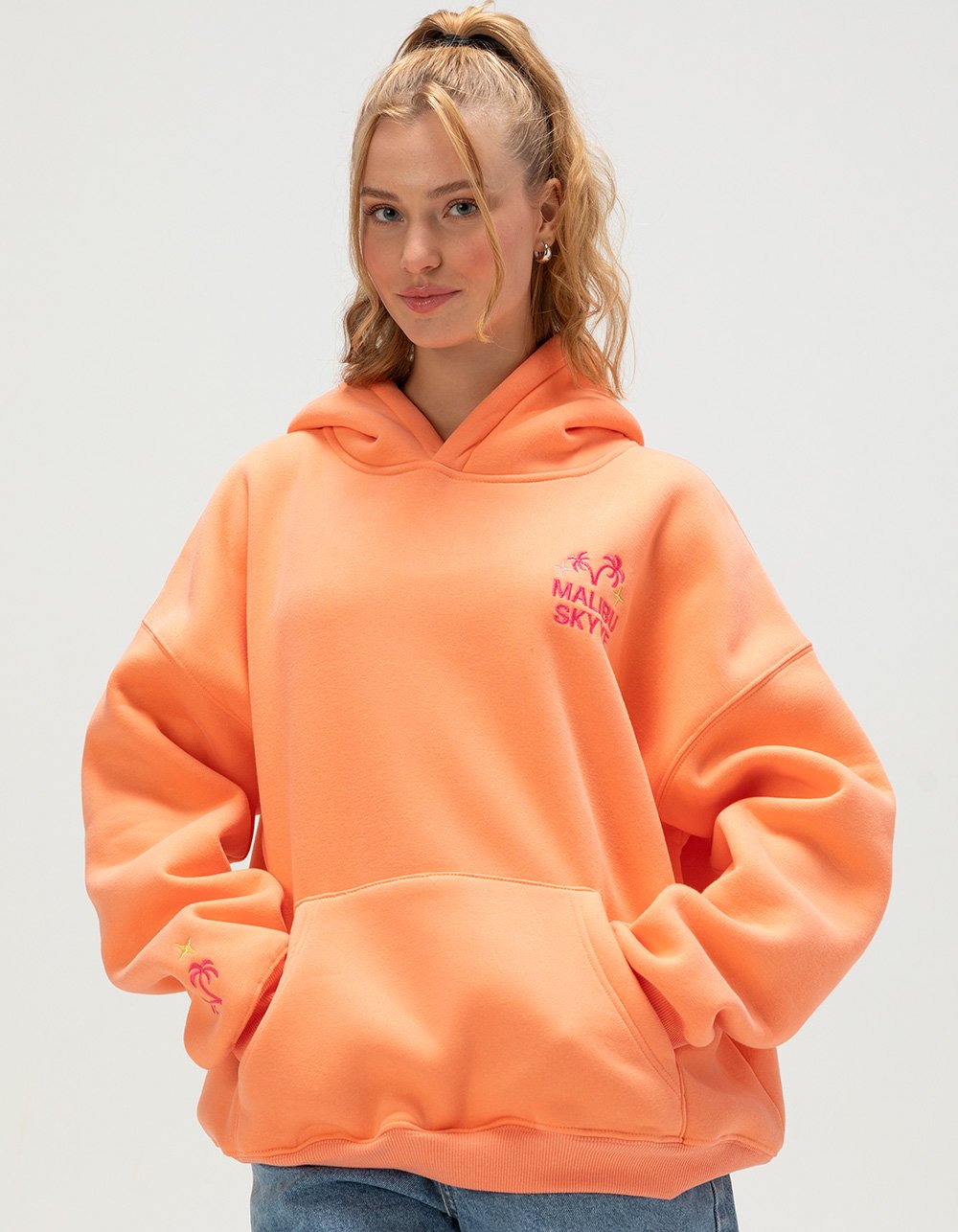 MALIBU SKYYE Greetings Embroidered Womens Hoodie - CORAL