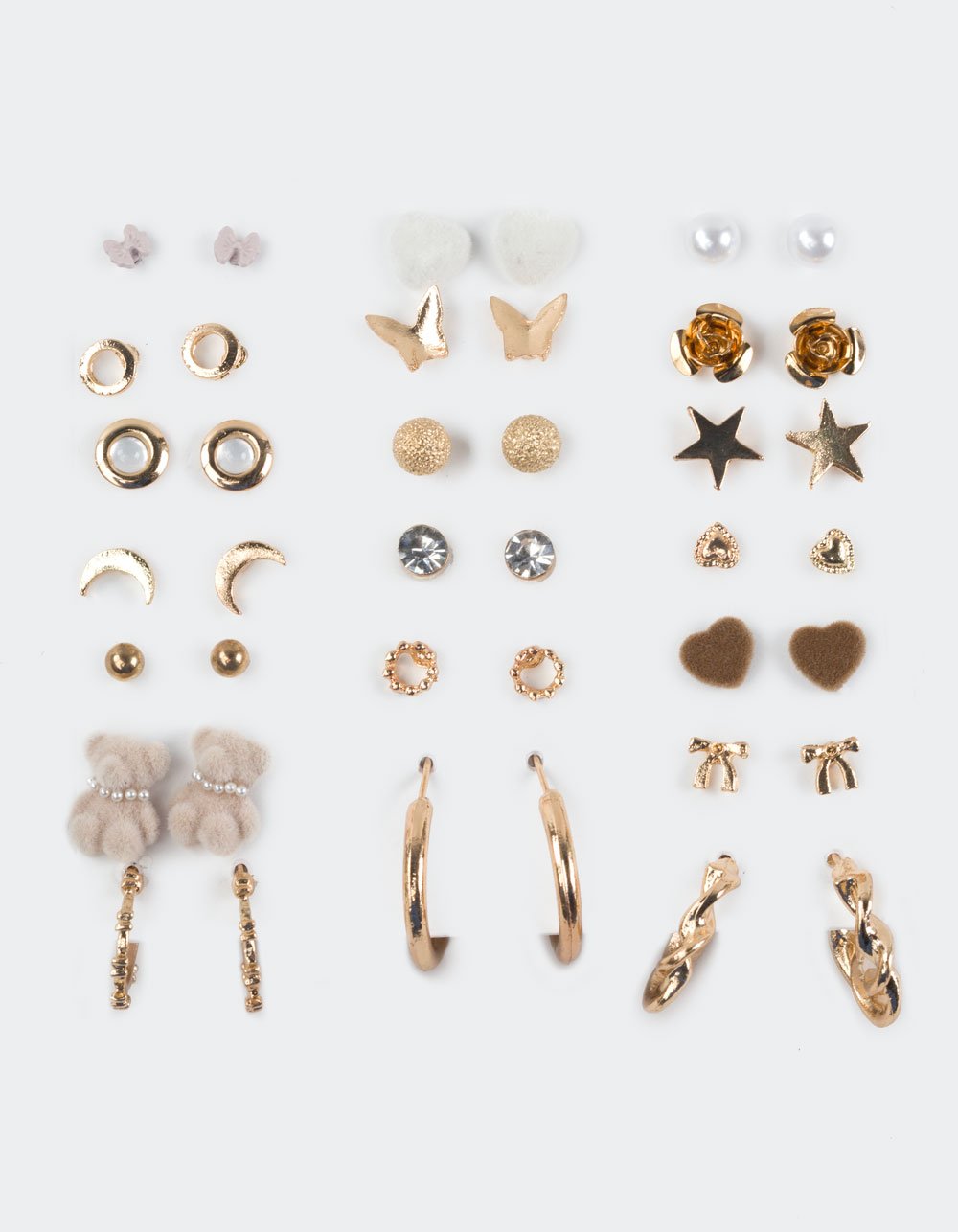 FULL TILT 20 Pack Teddy/Bow/Hoop Earrings - GOLD