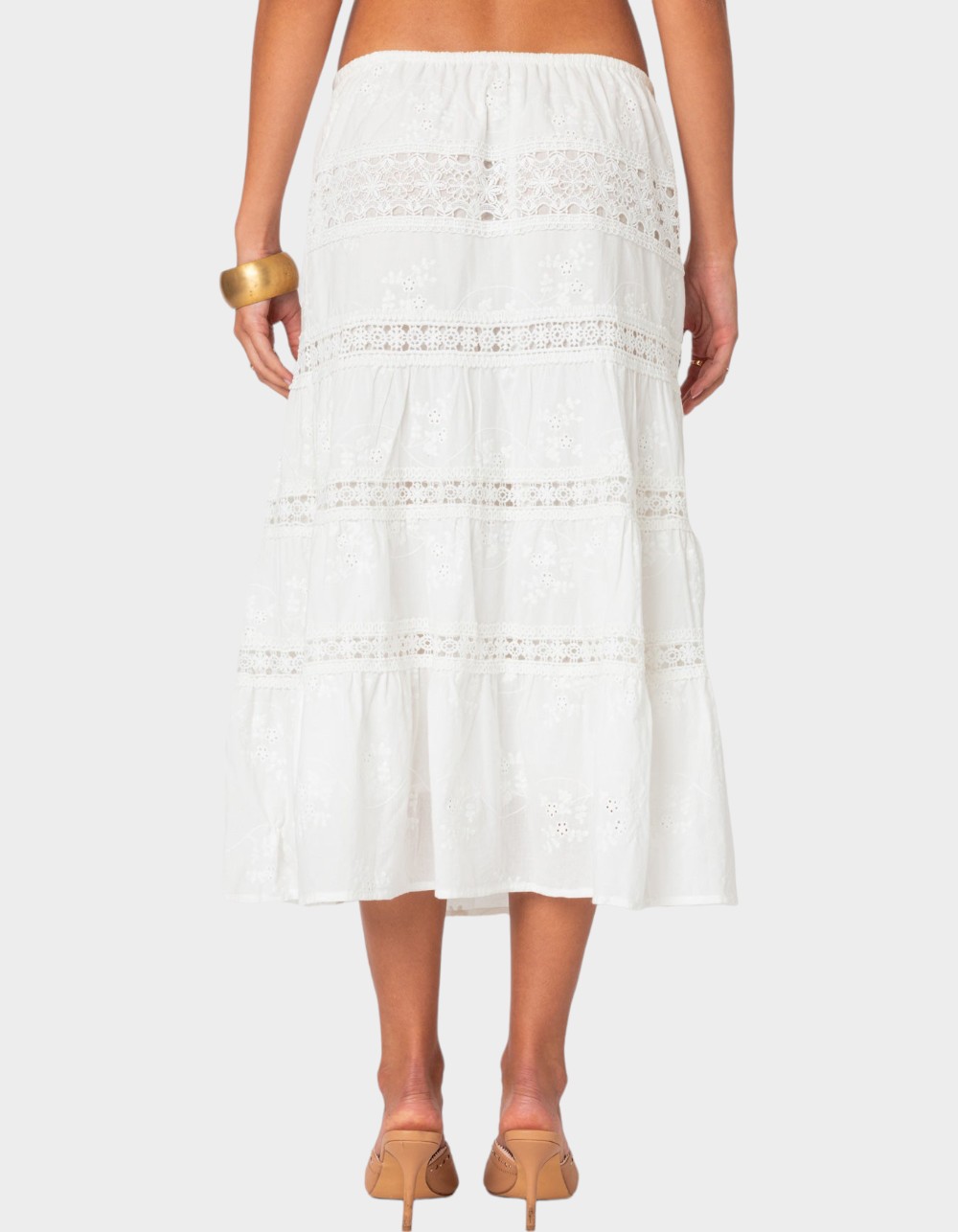 EDIKTED Tiered Cotton Lace Midi Skirt - WHITE