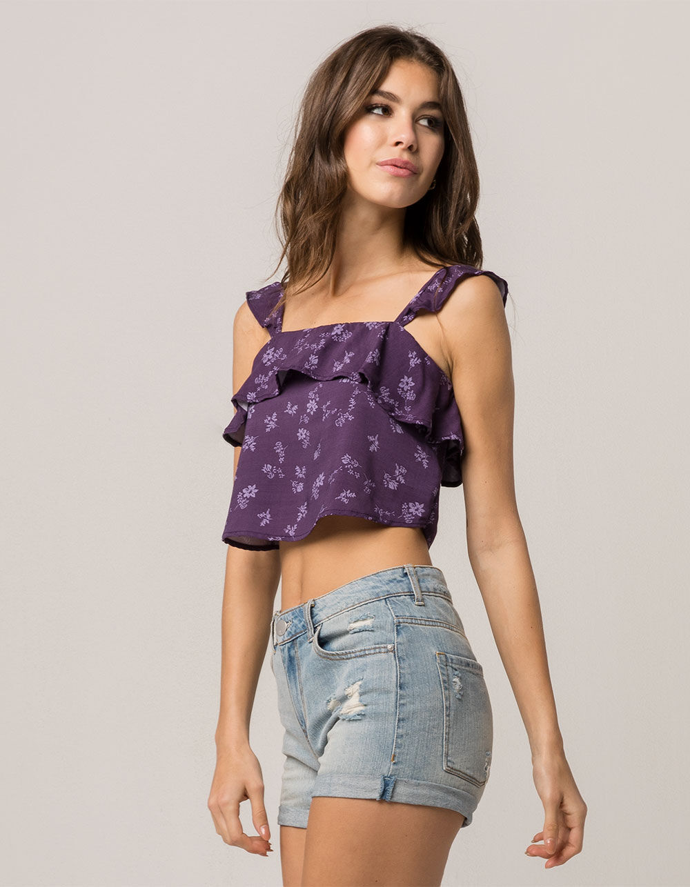 IVY & MAIN Floral Ruffle Womens Crop Tank Top image number 0