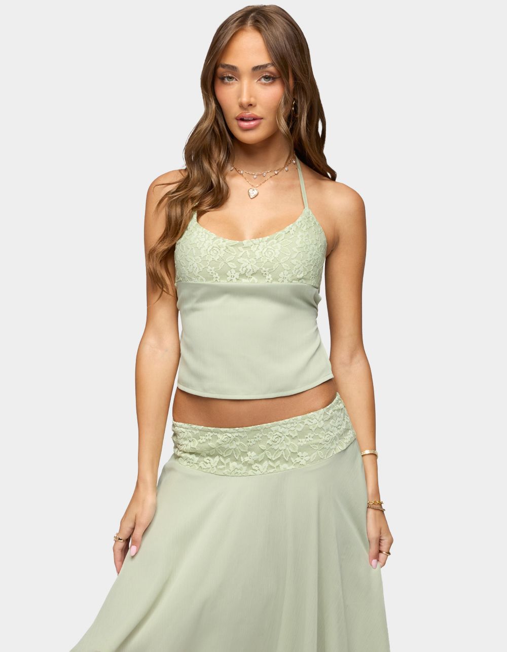 EDIKTED Evia Lacey Backless Halter Top - DK GREEN