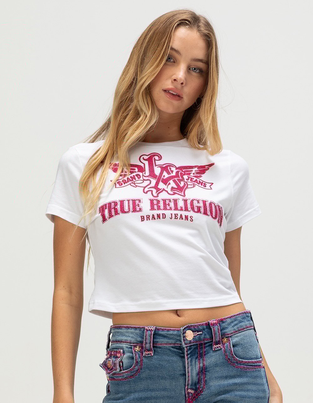 TRUE RELIGION Crystal Winged Logo Womens Baby Tee - WHITE