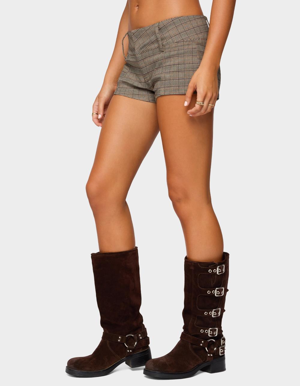 EDIKTED Ayvey Plaid Tailored Micro Shorts - BROWN
