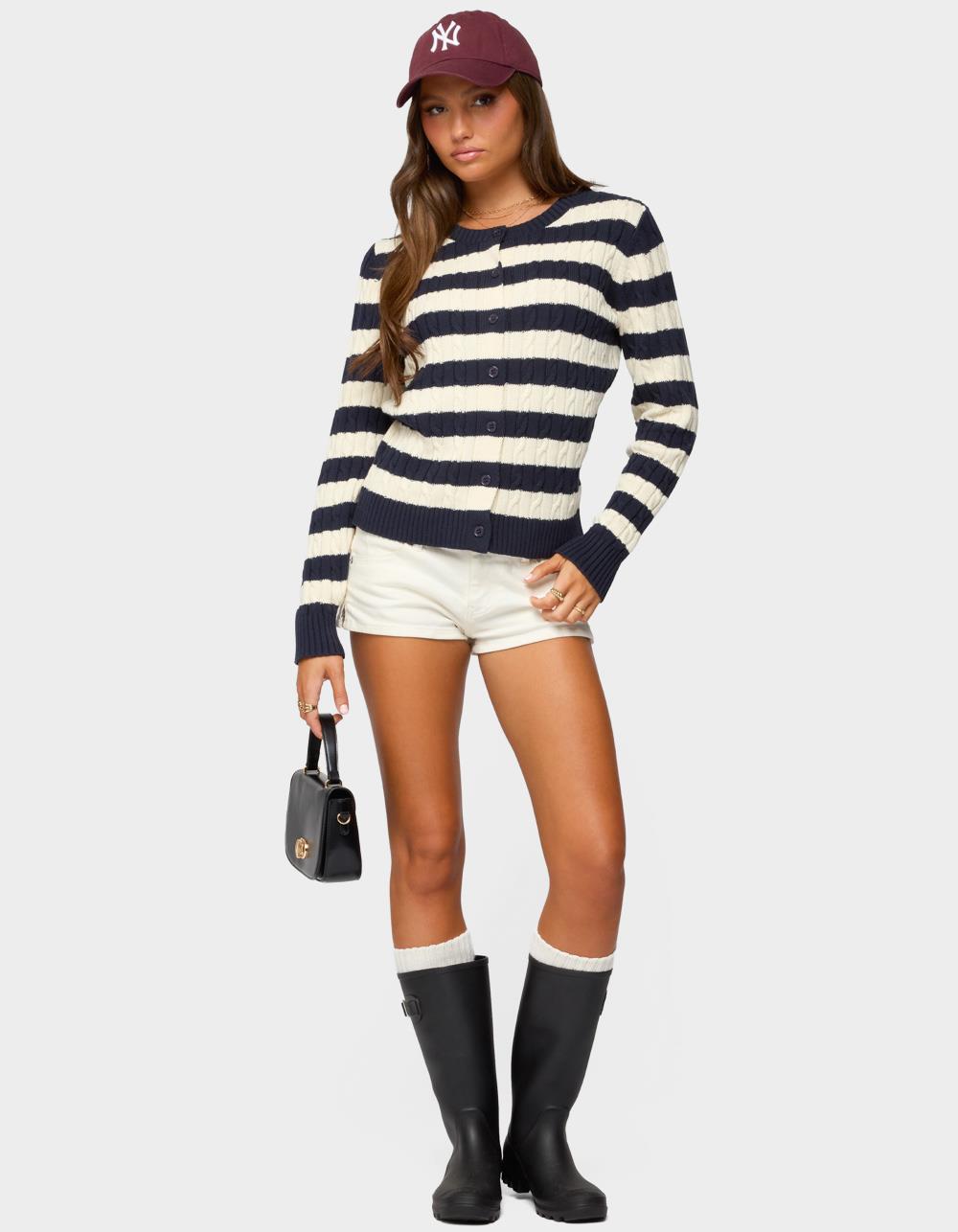 EDIKTED Mildred Striped Cable Knit Cardigan - NAVY