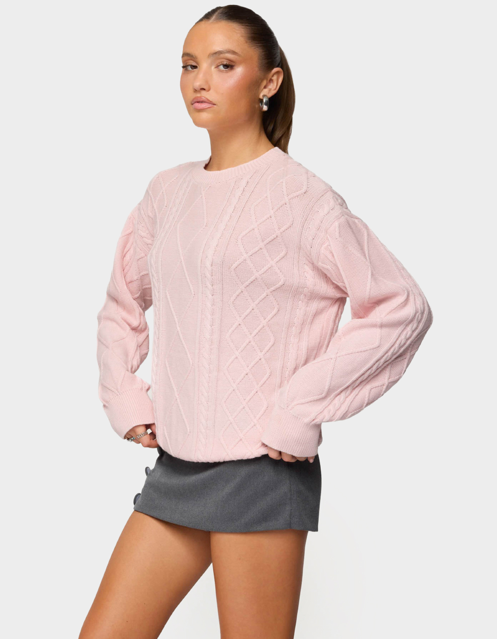 EDIKTED Jessy Cable Knit Oversized Sweater - LIGHT PINK