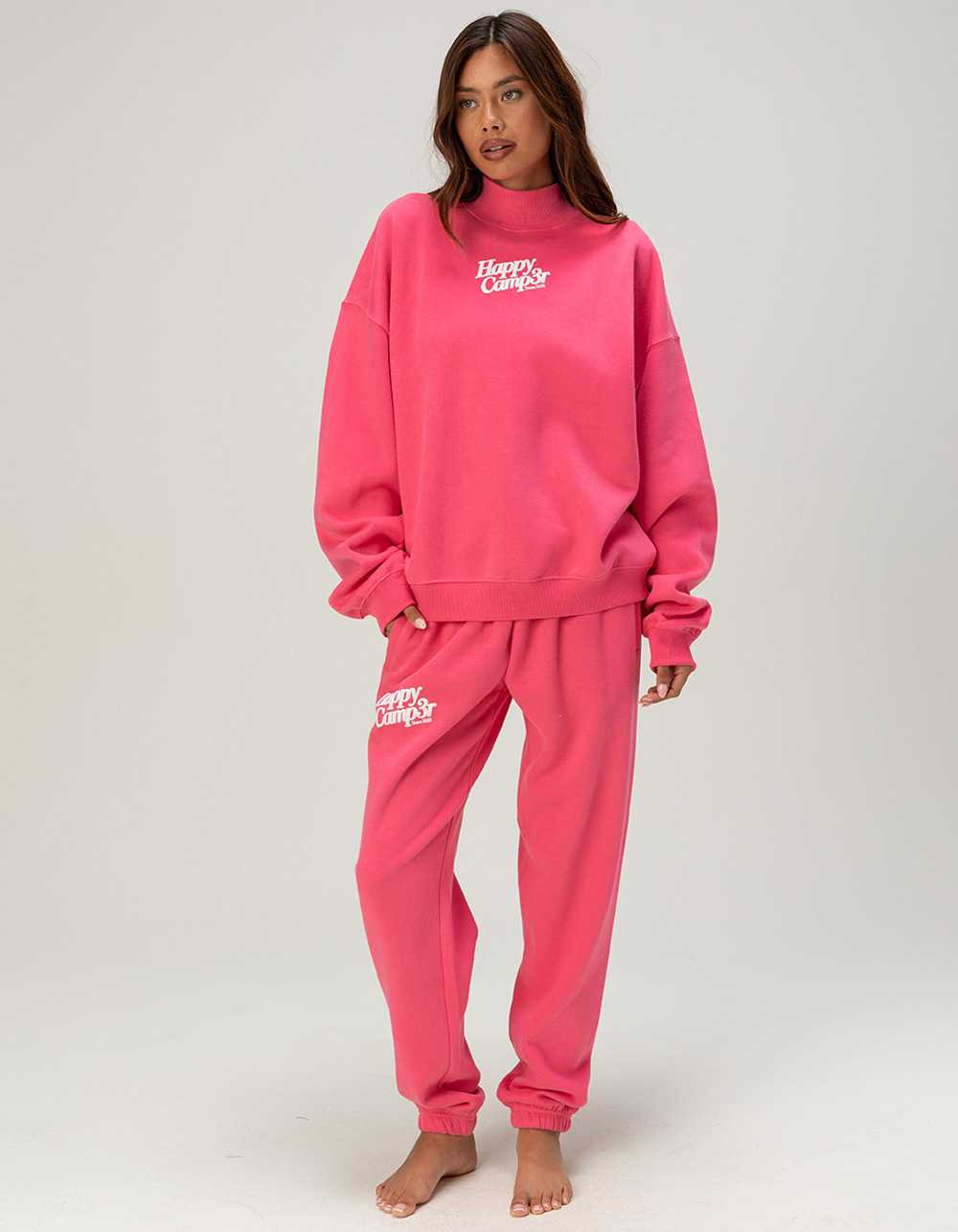 HAPPY CAMP3R Womens Mock Neck Sweatshirt - HOT PINK
