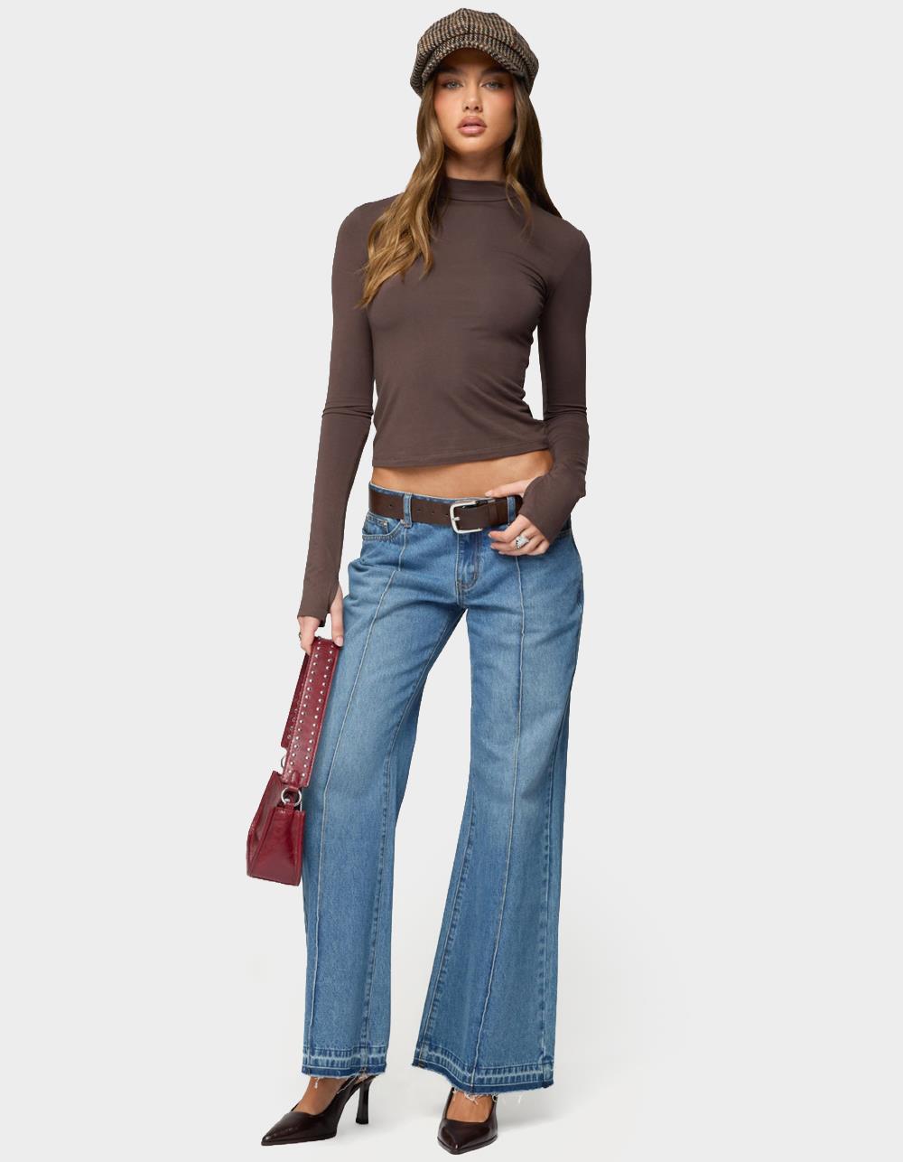 EDIKTED Binta Mock Neck Long Sleeve Top - BROWN