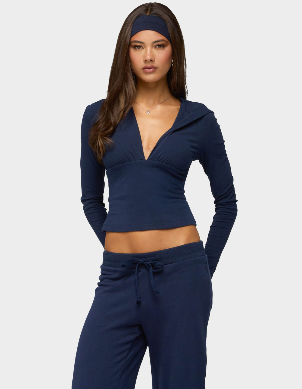 EDIKTED Natashah Hooded Long Sleeve Top - NAVY