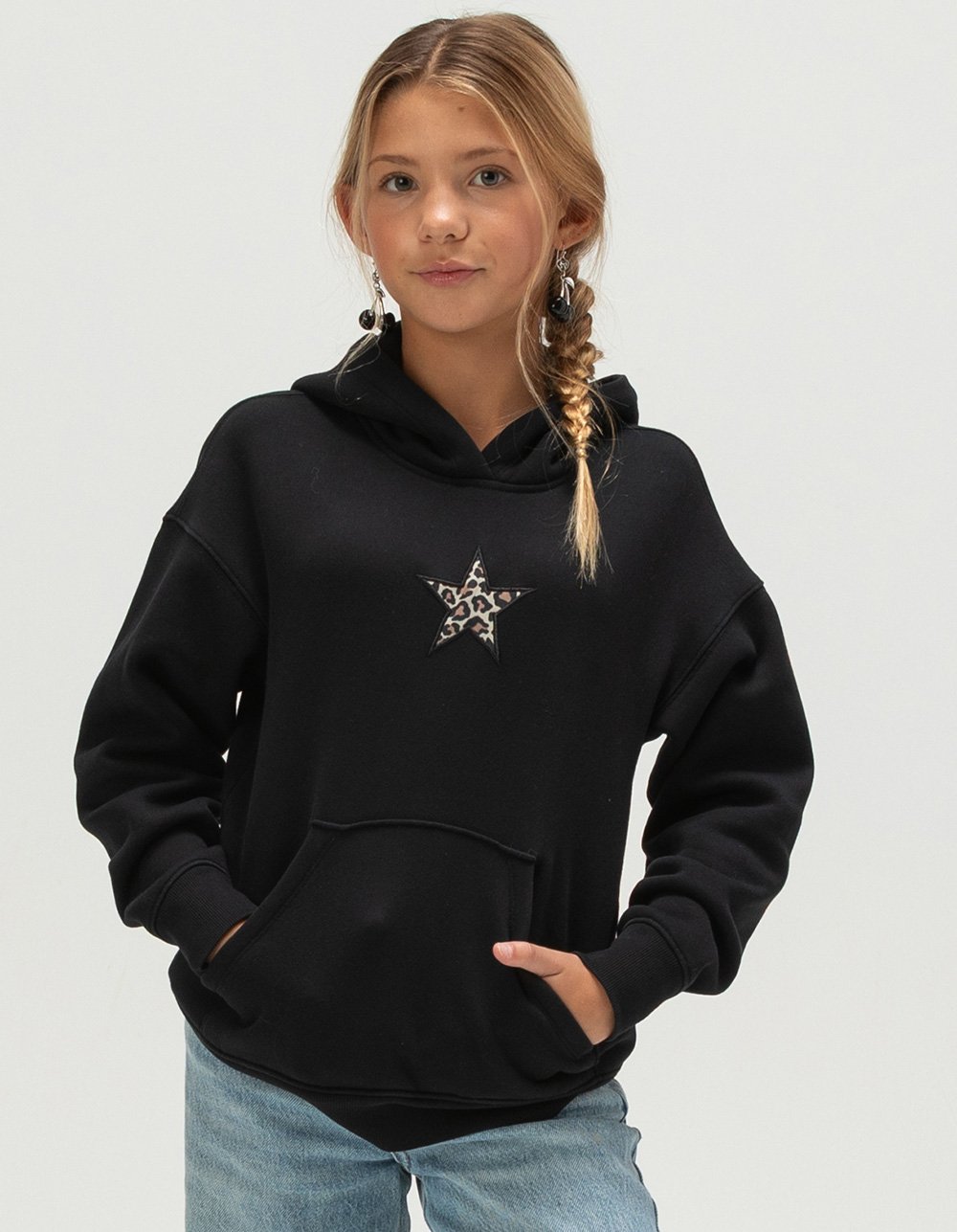 FULL TILT Leopard Star Girls Hoodie - BLACK