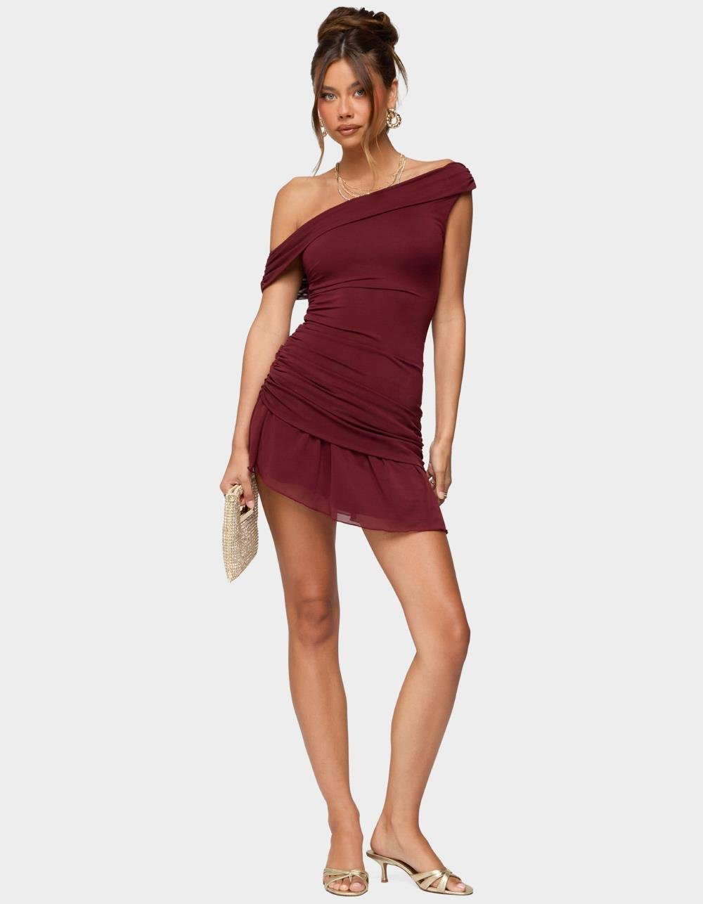 EDIKTED Gesibelle Off Shoulder Mesh Mini Dress - DK RED