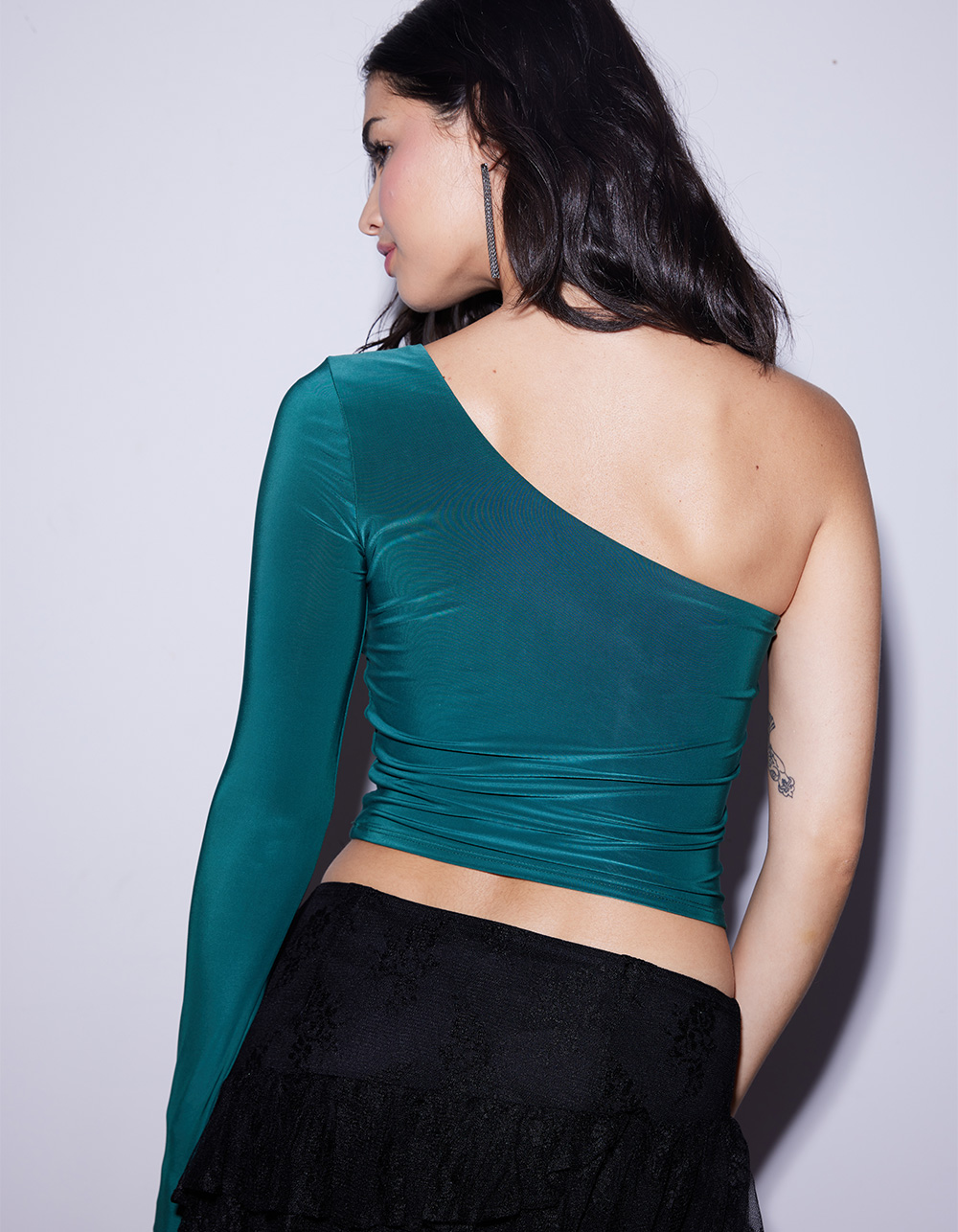 WEST OF MELROSE One Shoulder Womens Long Sleeve Top - GREEN