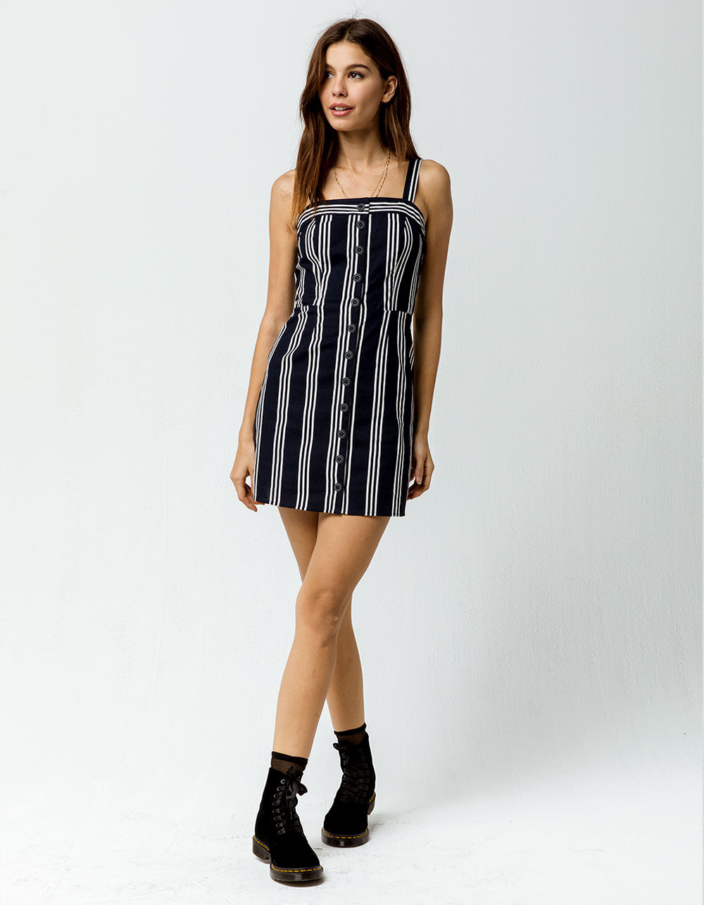 SKY AND SPARROW Stripe Button Front Navy Womens Structured Dress - NAVY ...