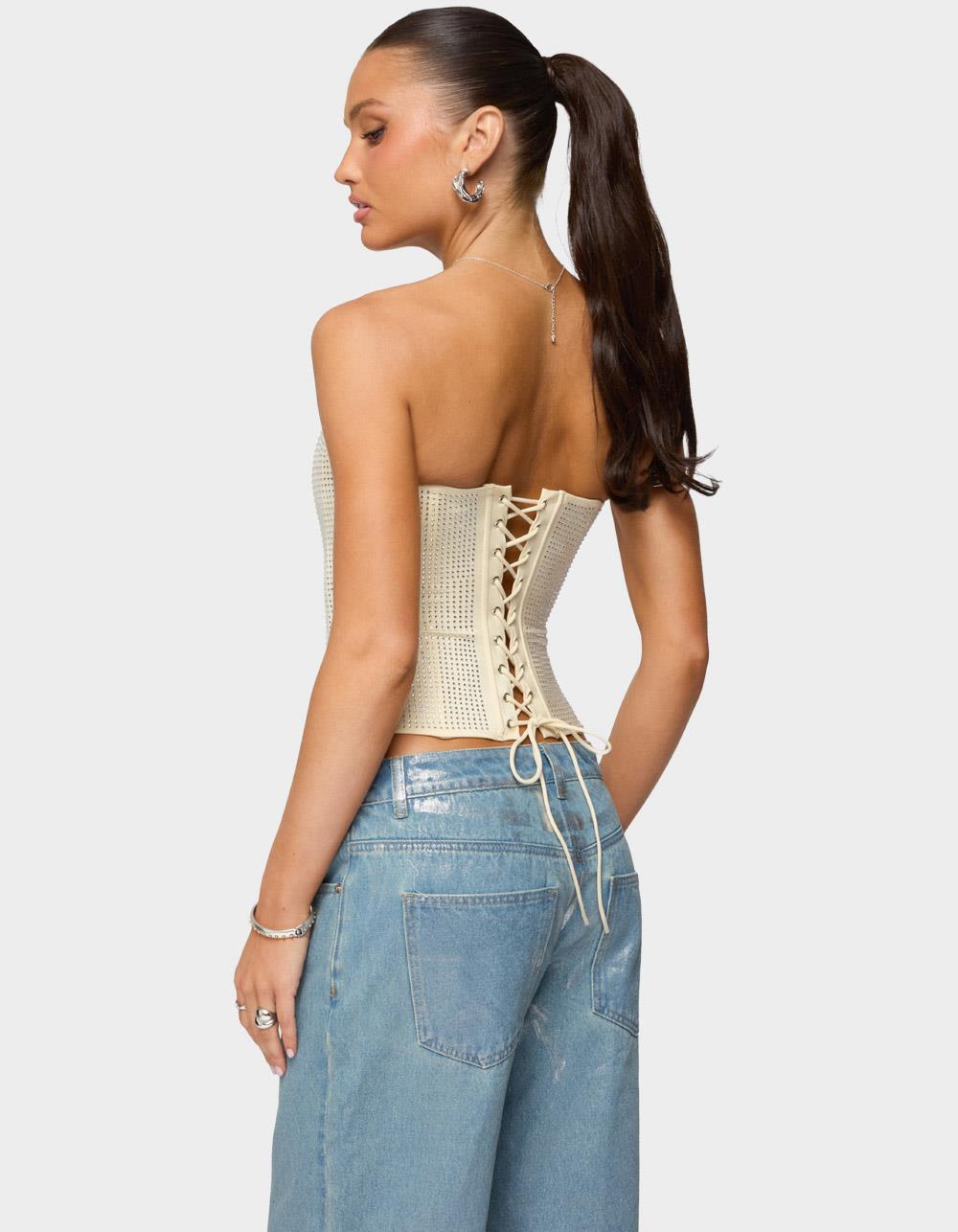 EDIKTED Vezza Strapless Rhinestone Corset - BEIGE