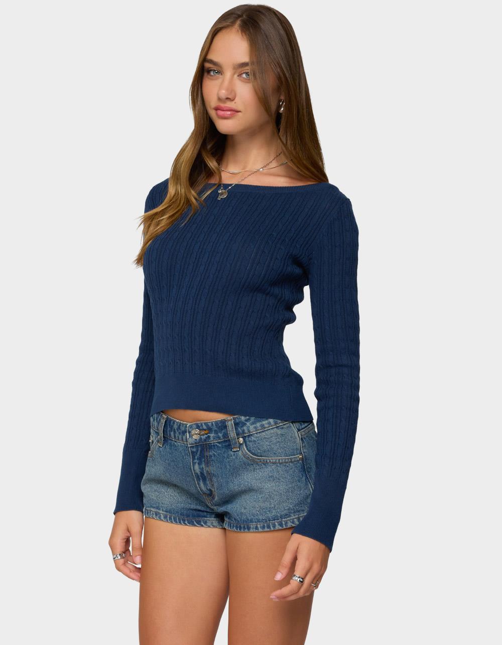 EDIKTED Larah Boat Neck Cable Knit Sweater - NAVY