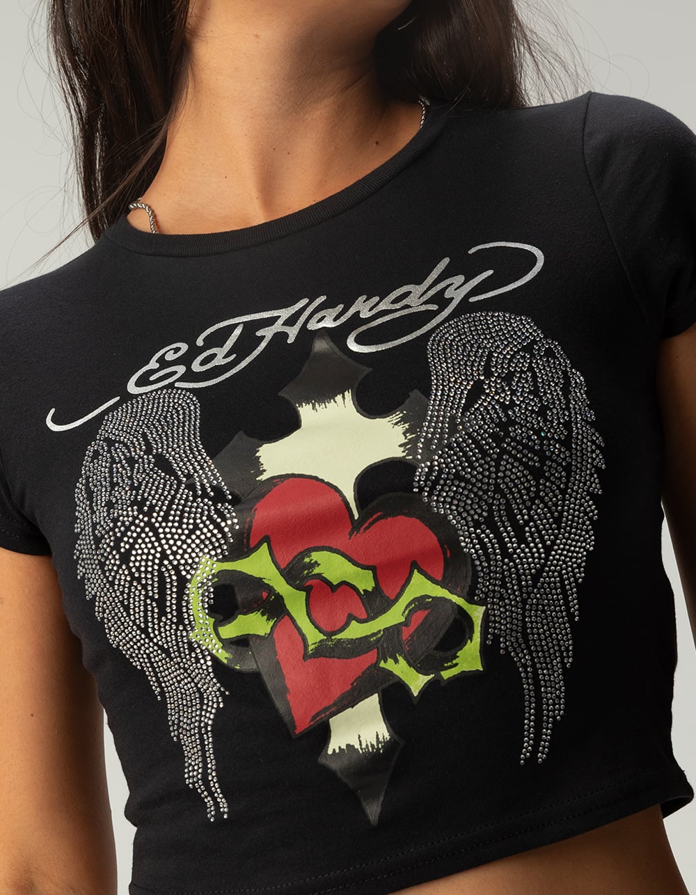 ED HARDY Sacred Heart Womens Baby Tee - BLACK