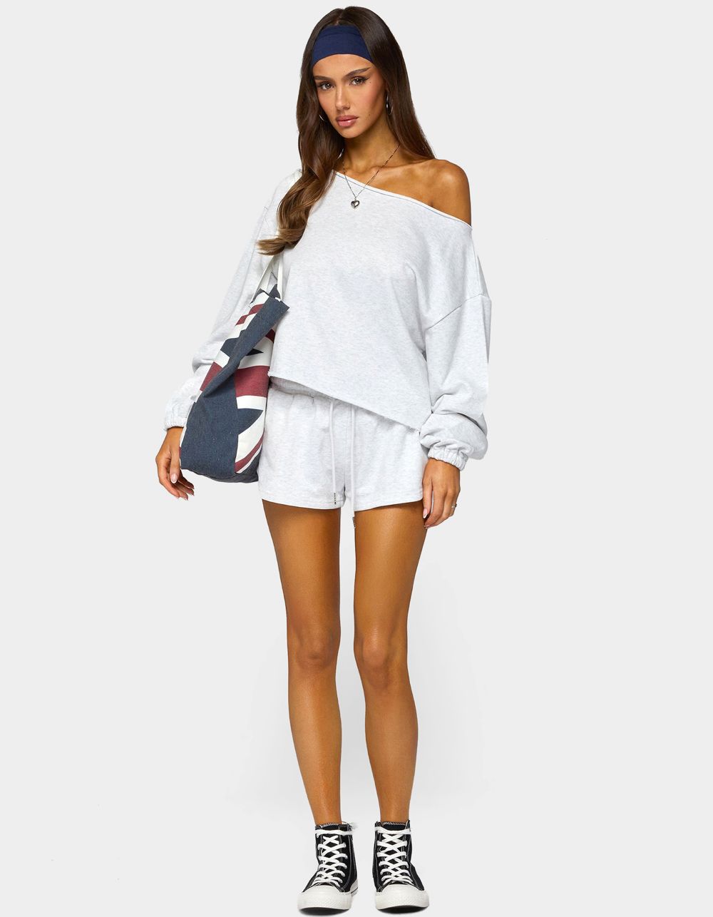 EDIKTED Kordelia Off Shoulder Sweatshirt - LIGHT GRAY