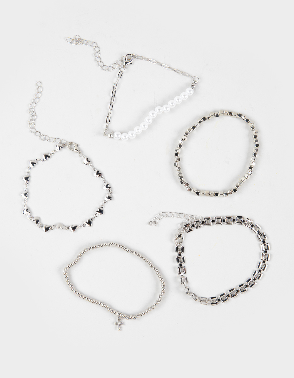 FULL TILT 5 Pack Cross/Pearl/Heart Bracelets - SILVER