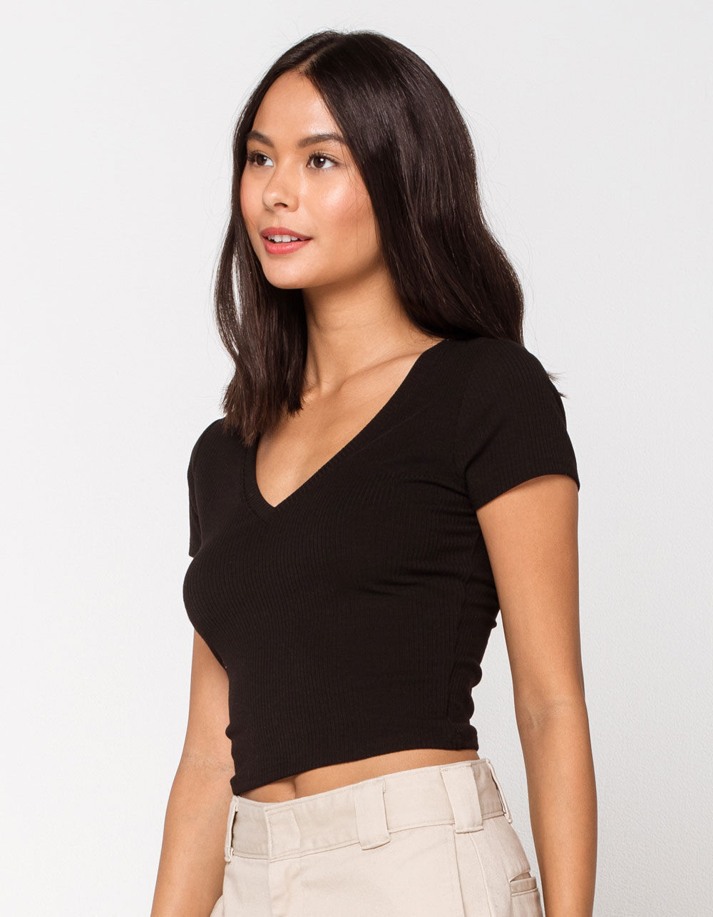 DESTINED Ribbed V-Neck Womens Crop Tee