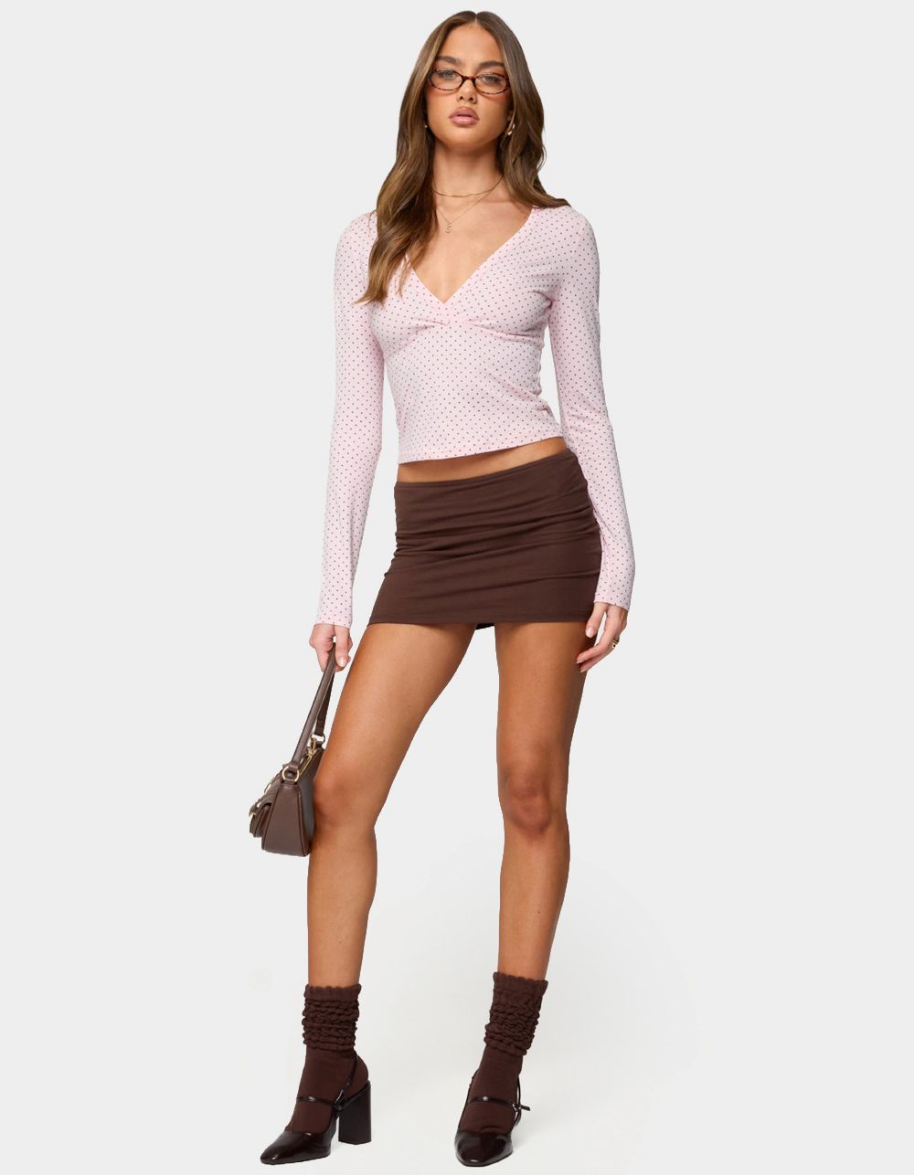 EDIKTED Kianah Polka Dot V-Neck Tee - LIGHT PINK