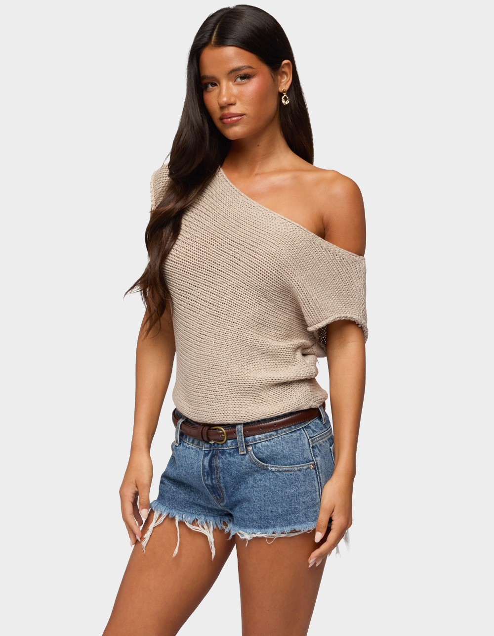 EDIKTED Naamo Off Shoulder Knit Top - BEIGE