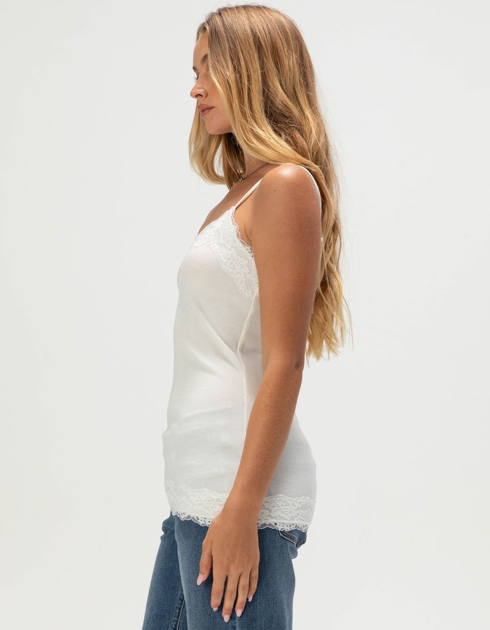 RSQ Womens Long Lace Trim Cami - CREAM