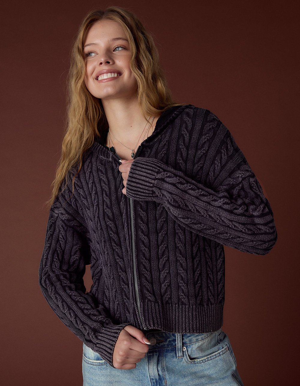 RSQ Womens Cable Knit Zip-Up Sweater - WASHED BLACK