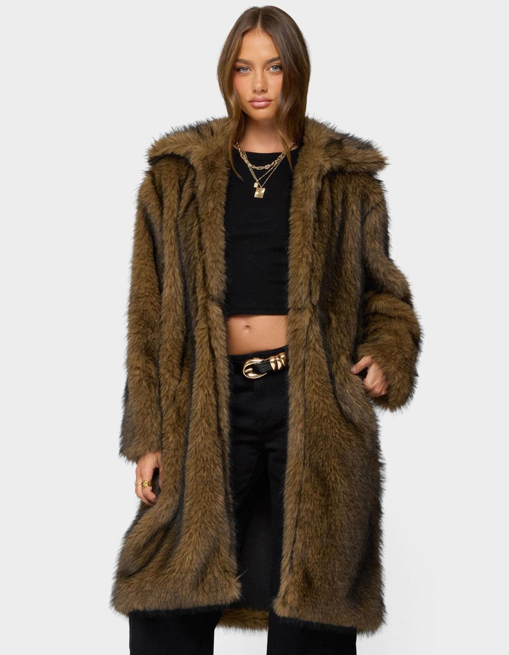 EDIKTED Saphira Oversized Faux Fur Maxi Coat - BROWN
