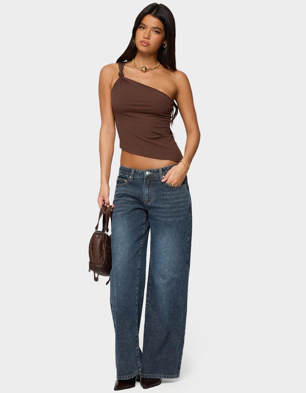 EDIKTED Knotted One Shoulder Asymmetric Top - DARK BROWN