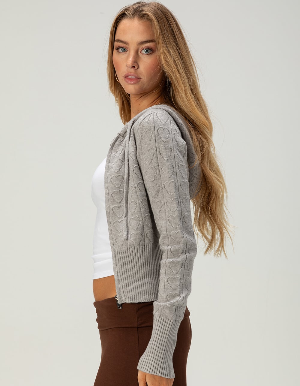 RSQ Womens Pointelle Zip-Up Hooded Sweater