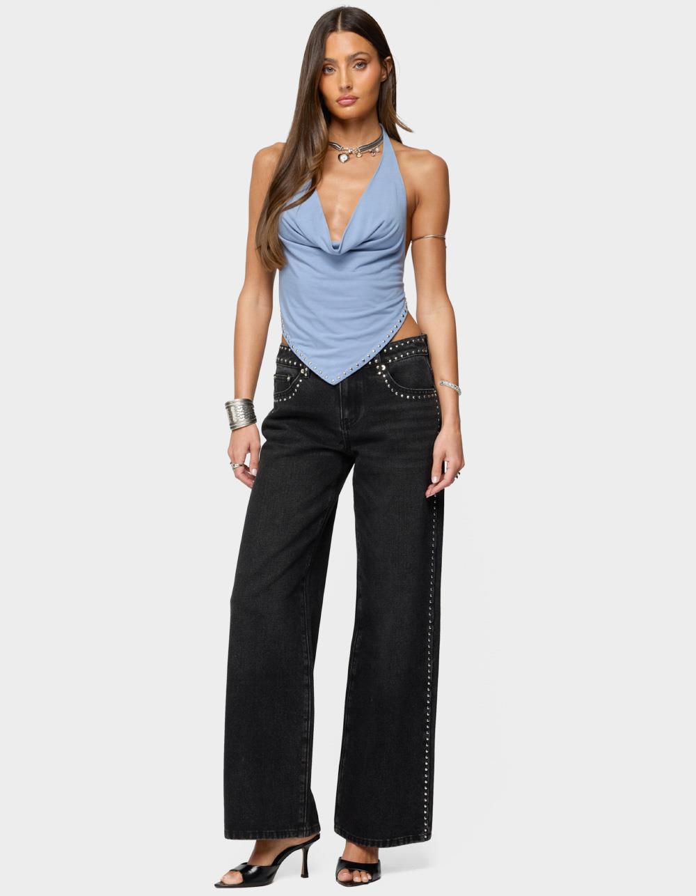 EDIKTED Zenya Backless Cowl Neck Halter Top - BLUE