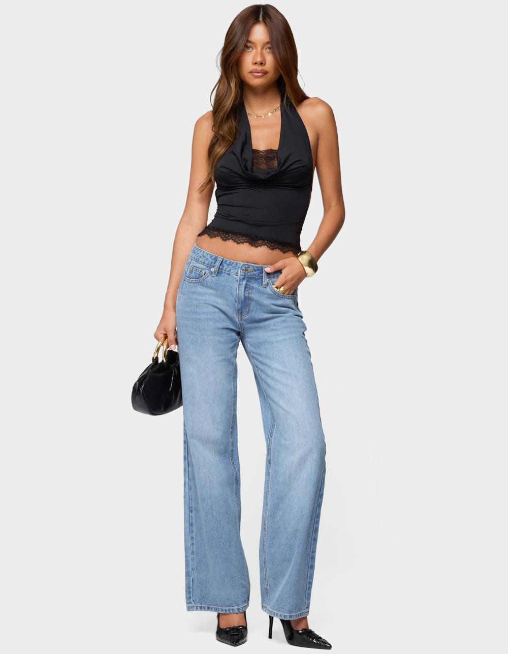 EDIKTED Holly Straight Leg Mid Rise Jeans - LIGHT BLUE