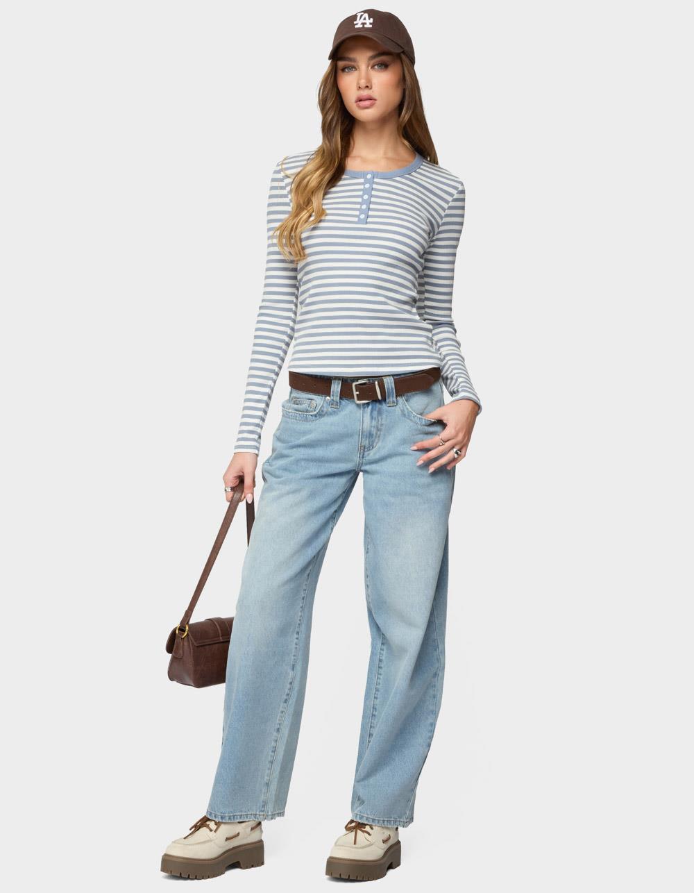 EDIKTED Roma Striped Henley Top - BLUE