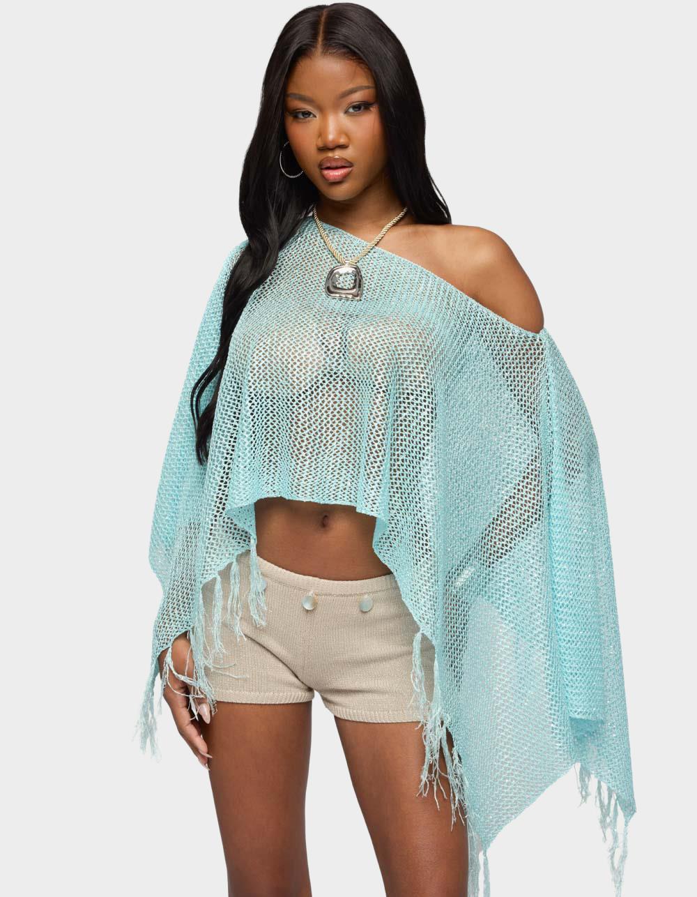 EDIKTED Sequin Fringe Knit Poncho - LIGHT BLUE
